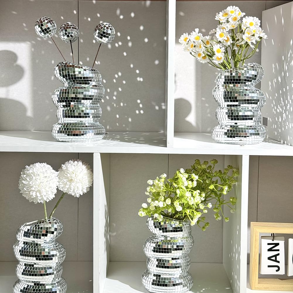 Disco Ball Spiral Vase with Silver Mirror Tiles