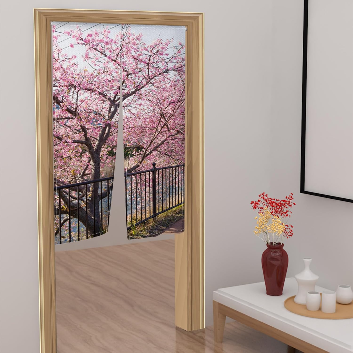 Leowefowa Japanese Noren Door Curtain Spring Pink Cherry Blossom Panel