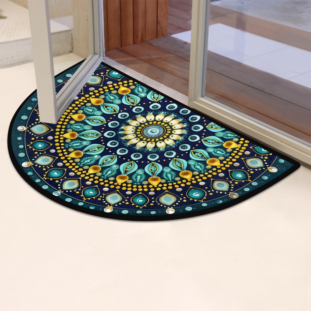 Half Round Doormat Teal Mandala Boho Floral Washable