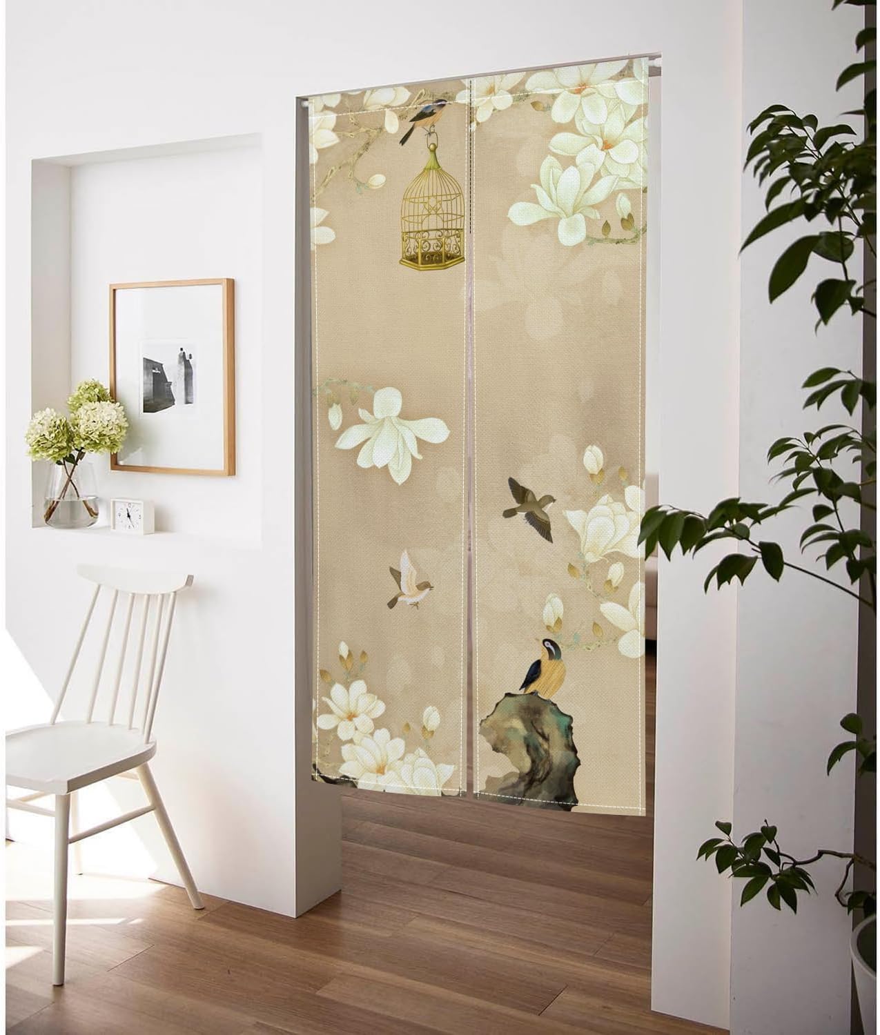 Japanese Noren Door Curtain with White Flowers and Birdcage Design