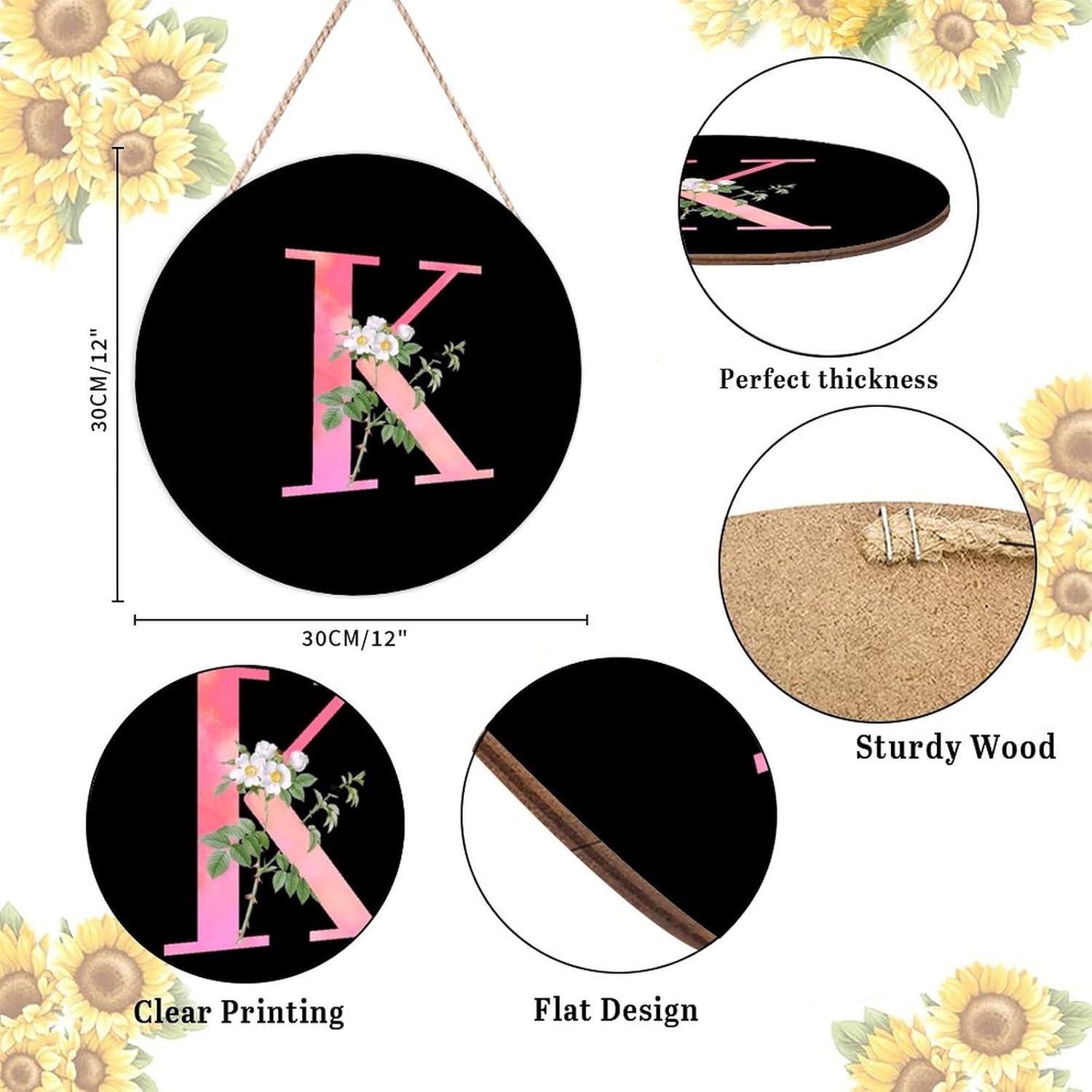 White Flower Pink Letter K Wood Door Hanger Personalized Monogram Round Wreath