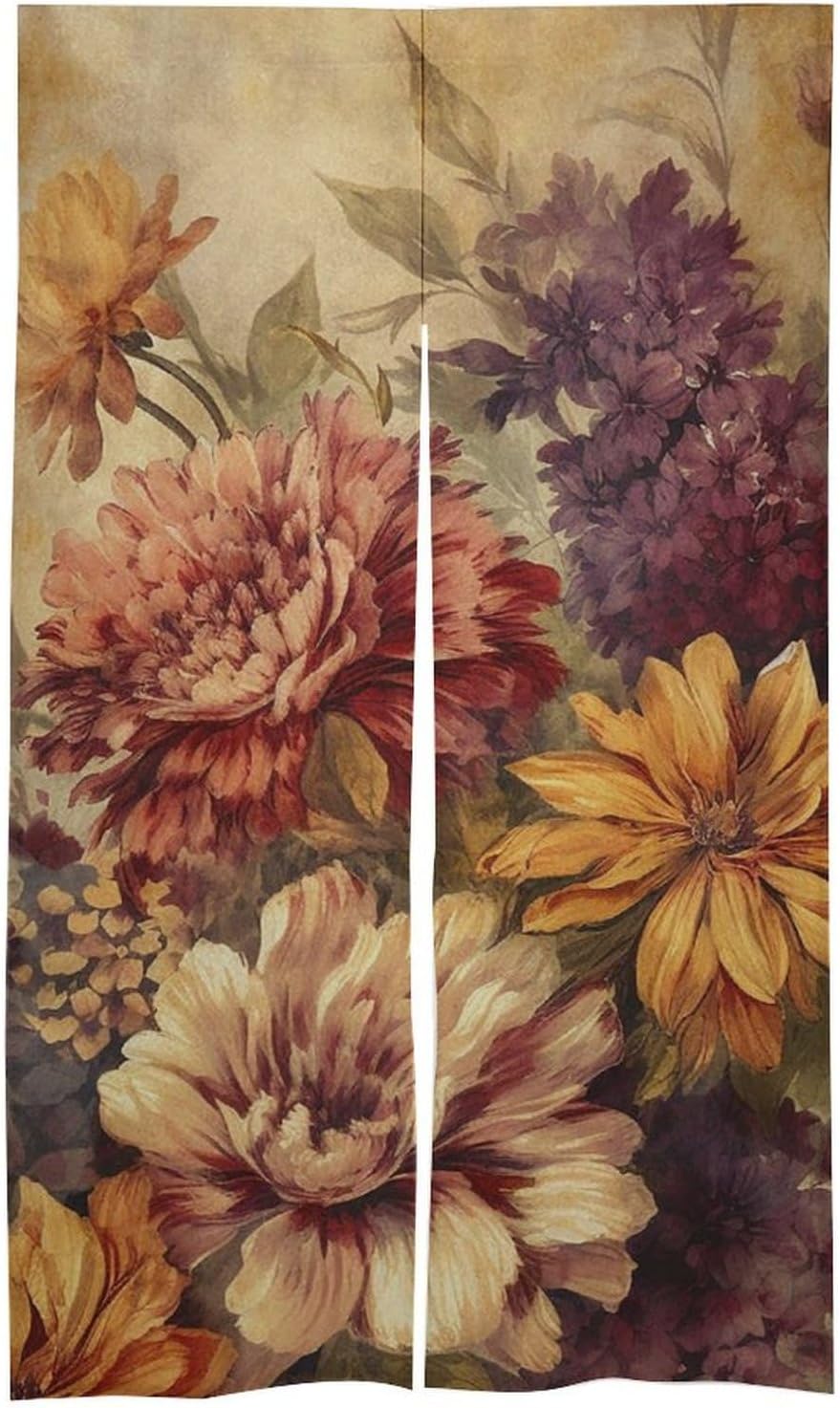 Japanese Noren Door Curtain with Yellow and Red Flowers Print