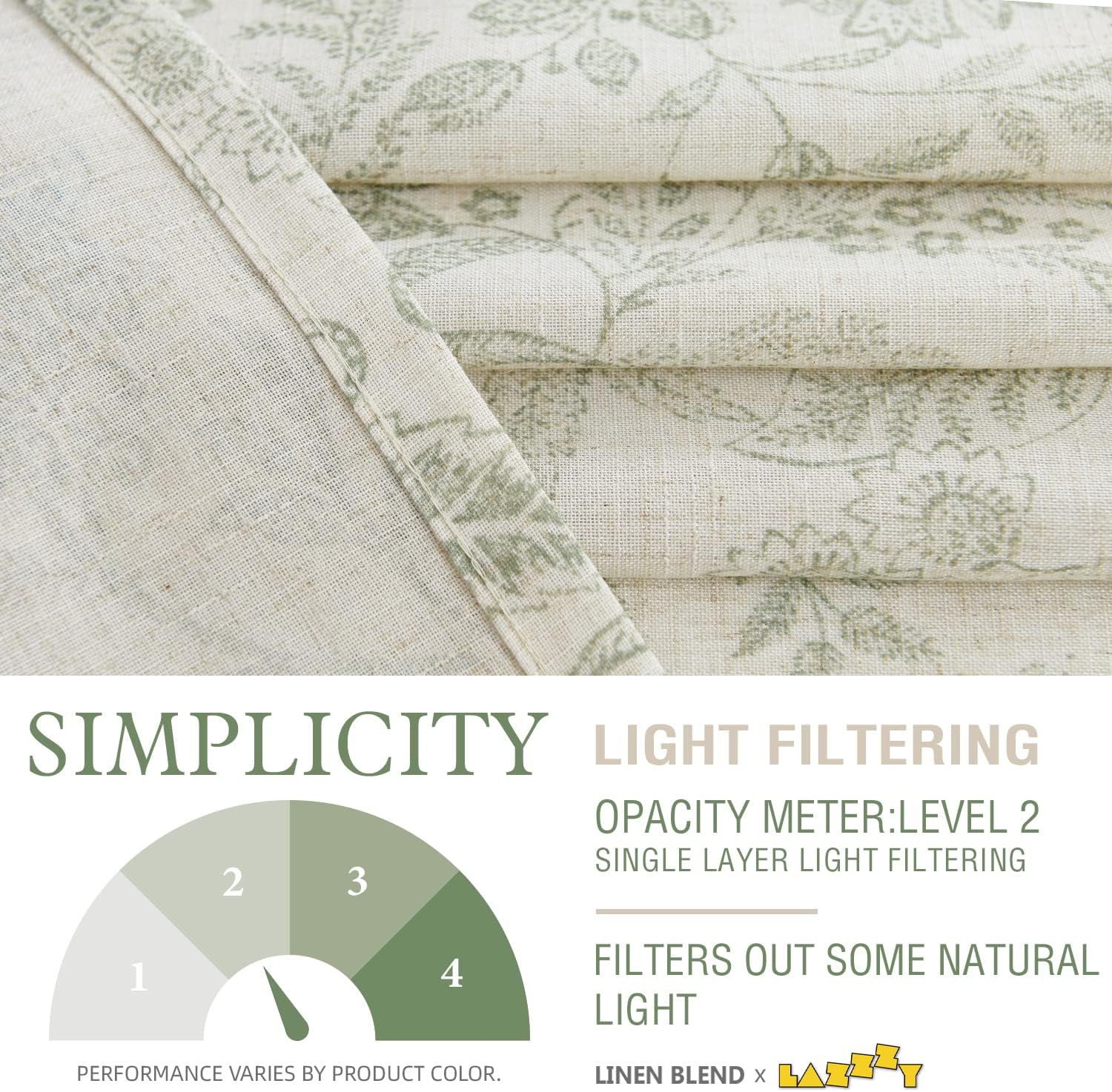 Lazzzy Linen Curtains Farmhouse Green Floral Print 2 Panels Set