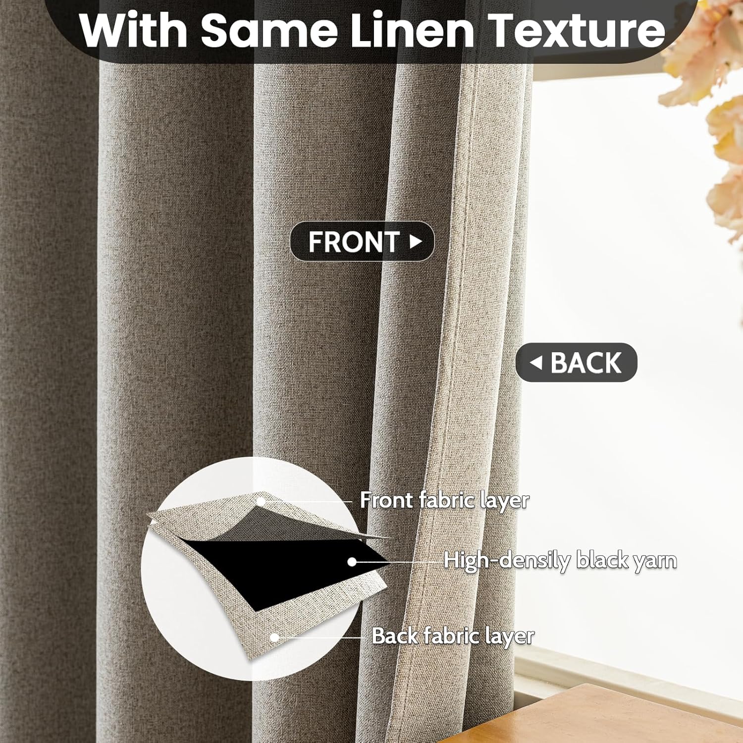 COSVIYA 100 Blackout Linen Curtains 2 Panels Set 90 Inch Length