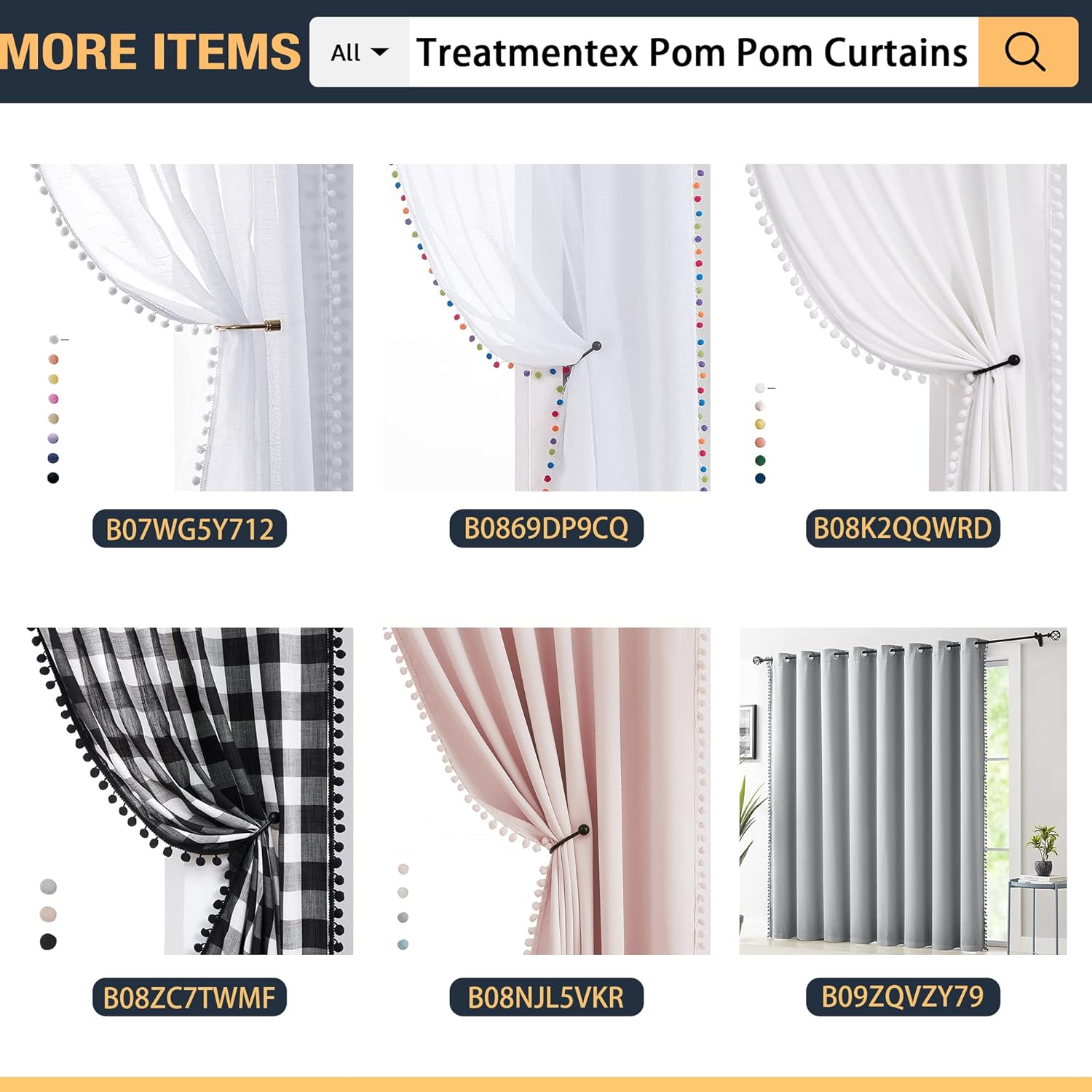 Treatmentex Sheer Linen-Look Curtains with Pom Pom Trim 2pcs
