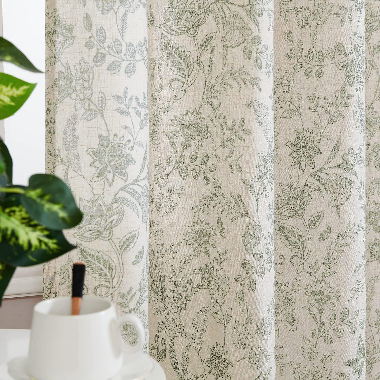 Lazzzy Linen Curtains Farmhouse Green Floral Print 2 Panels Set