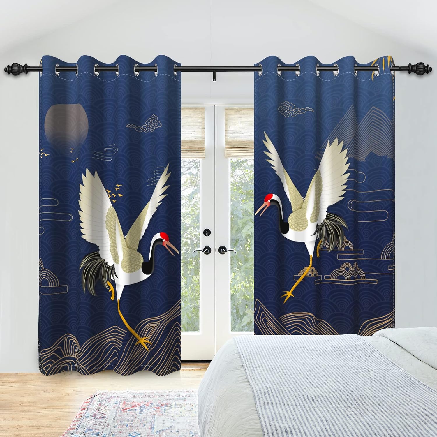 Japanese Style Window Curtains with Flying Crane Gold Pattern