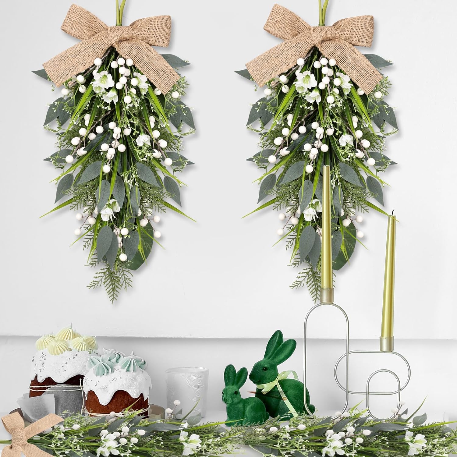 2 Pcs 24 Inch Artificial White Flower Teardrop Wreaths