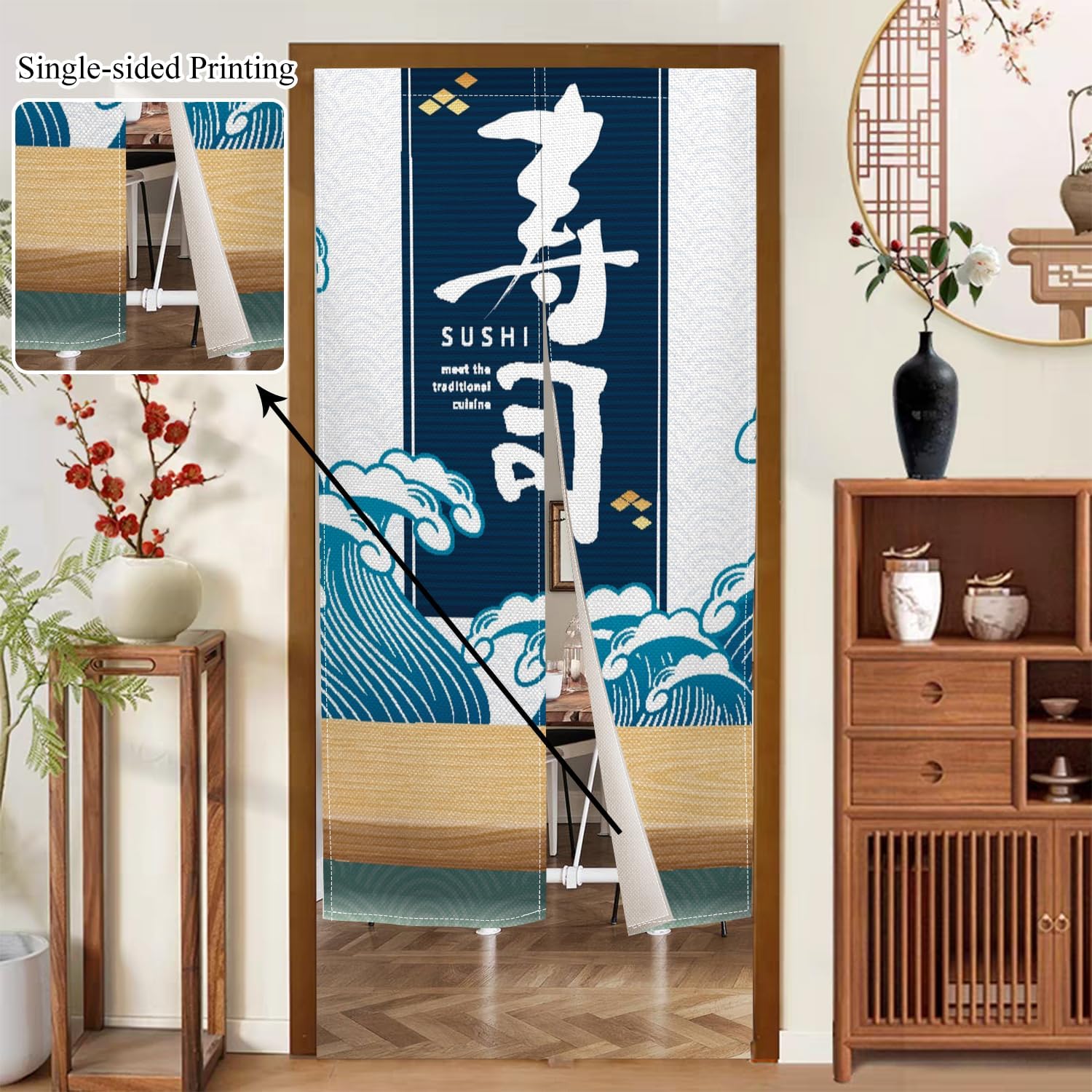 Japanese Noren Door Curtain with Sushi Print for Home Divider