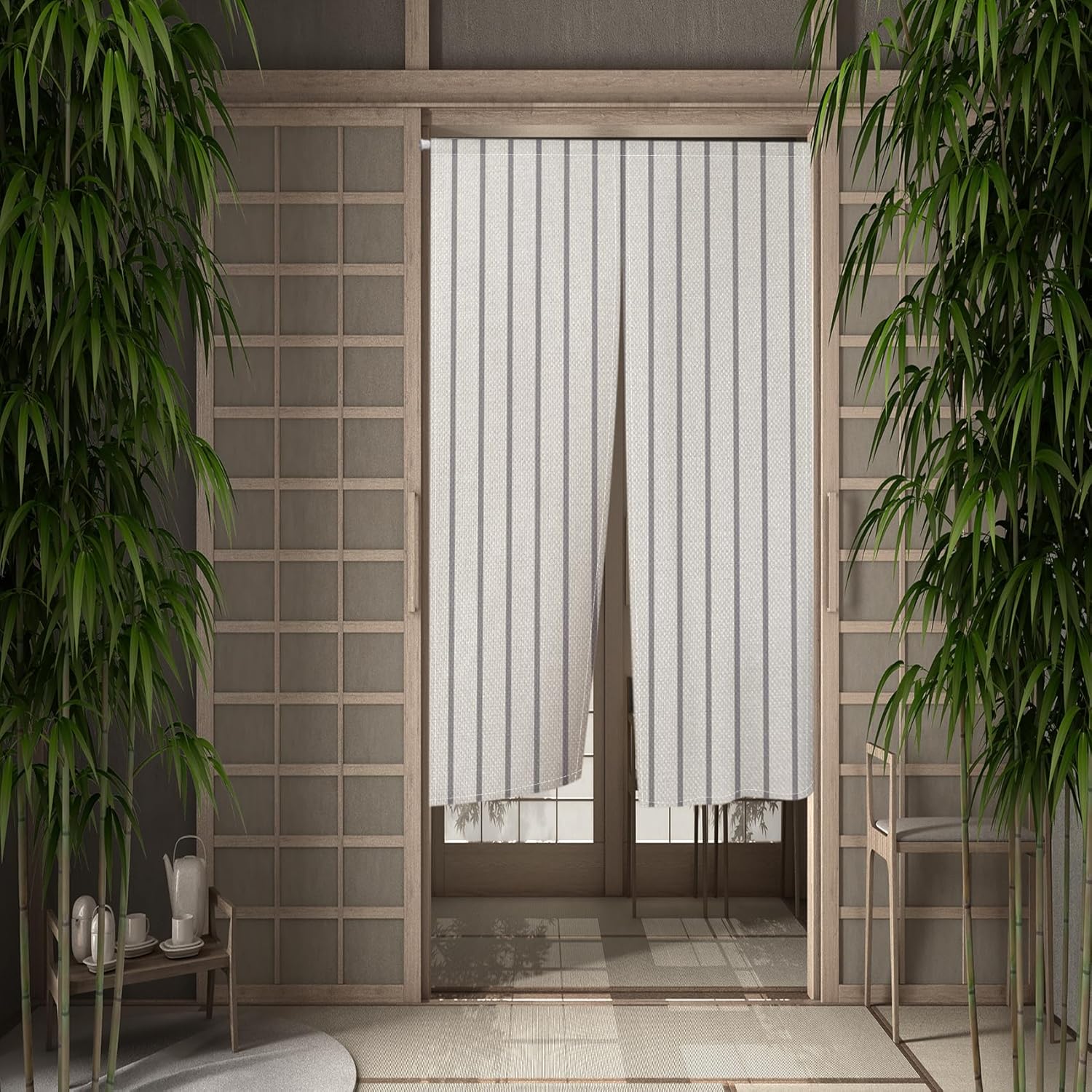 Leowefowa Modern Gray Stripe Noren Door Curtain