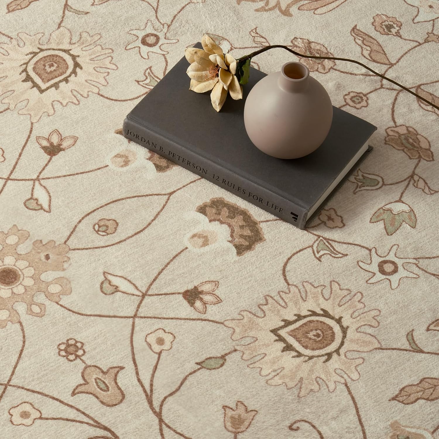 Evergrace 2x3 Area Rug Boho Floral Faux Wool Natural Beige