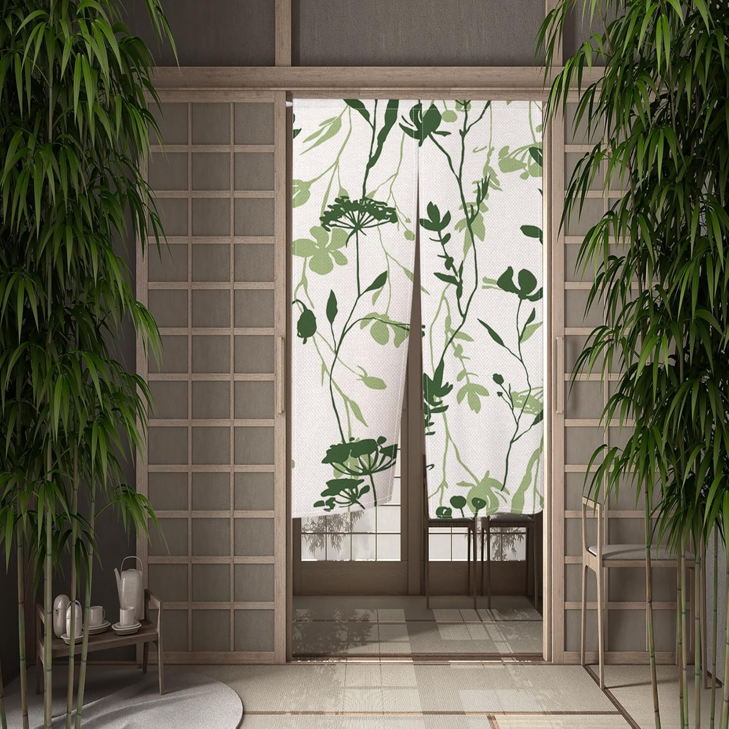 Japanese Style Green Plants Print Door Curtain 34x60