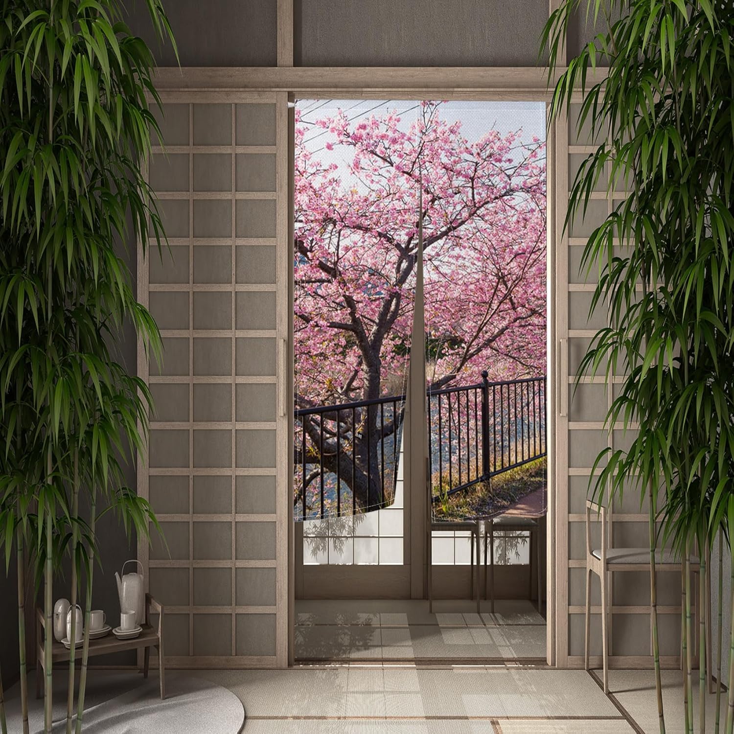 Leowefowa Japanese Noren Door Curtain Spring Pink Cherry Blossom Panel