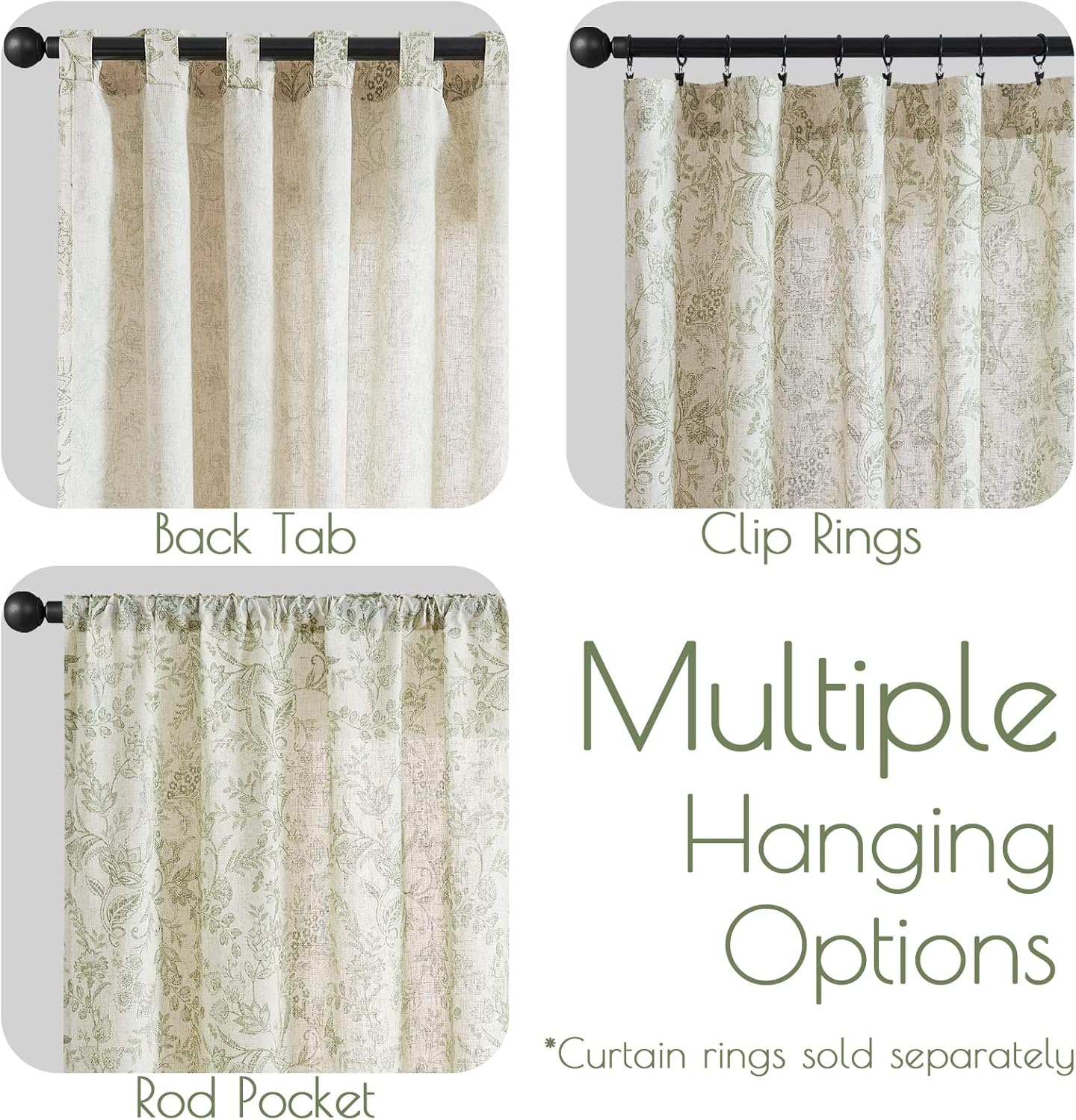 Lazzzy Linen Curtains Farmhouse Green Floral Print 2 Panels Set