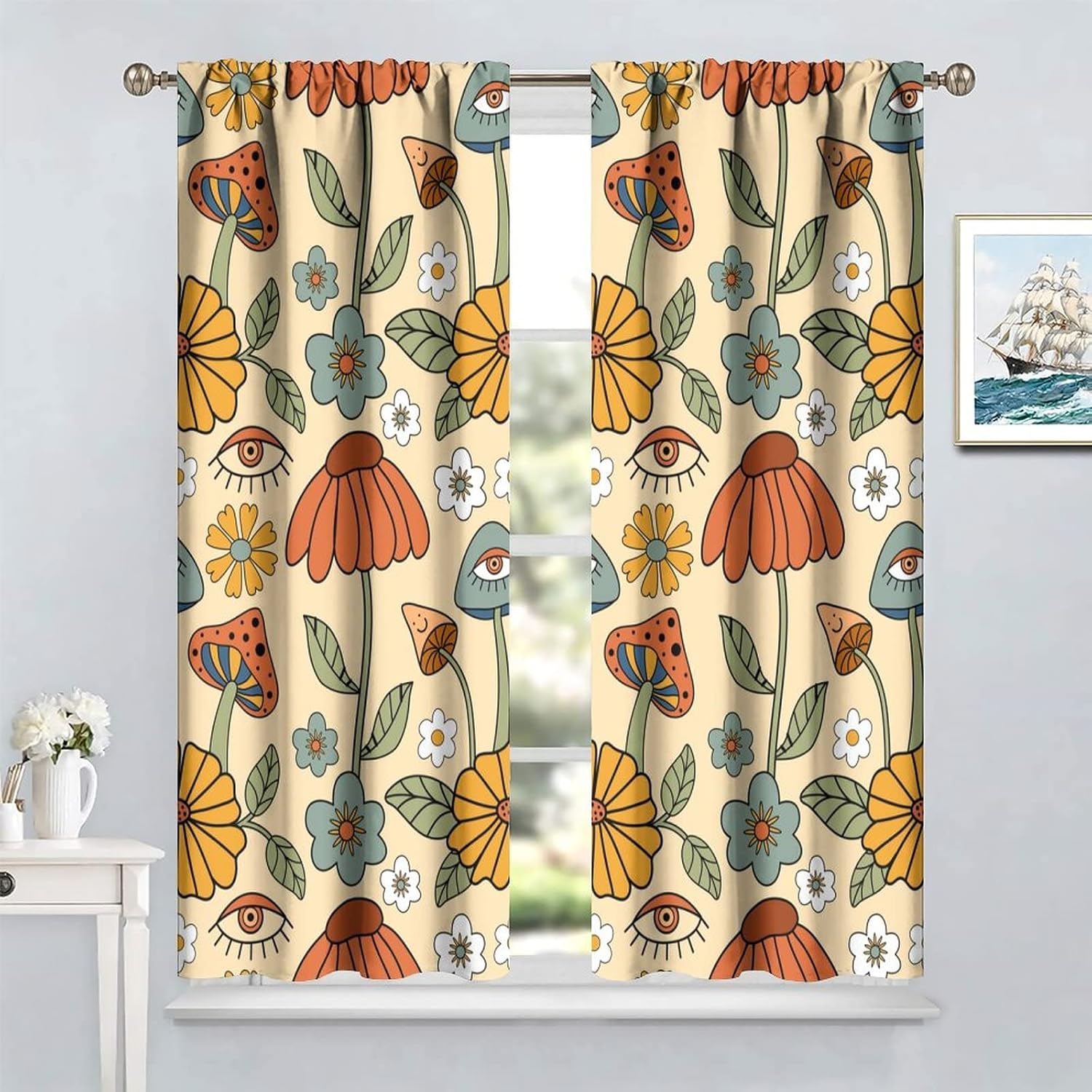 Retro Boho Floral Mushroom Curtains 52x84in Set