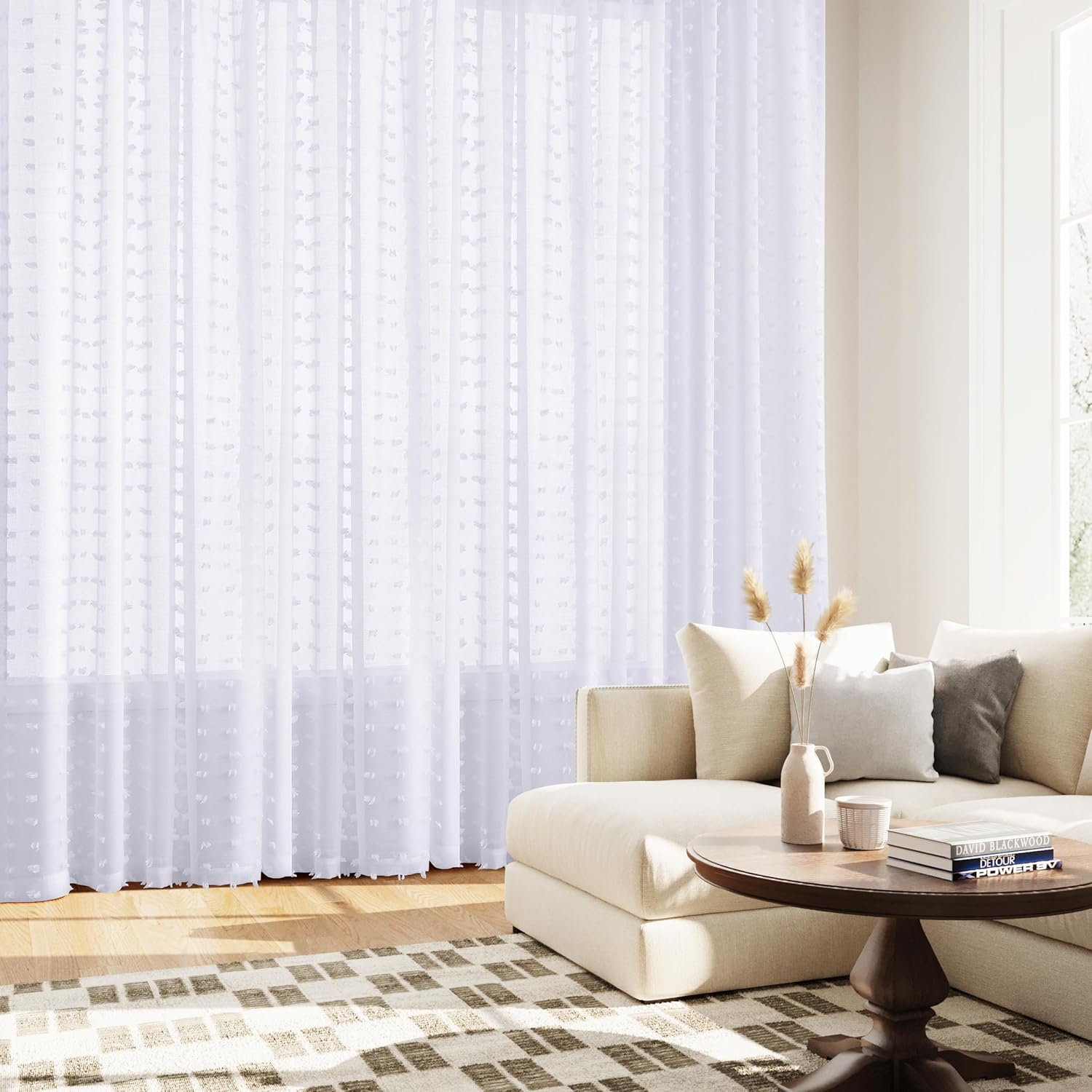 Guken Sheer Curtains with Pom Poms 96 Inch Length 2 Panels