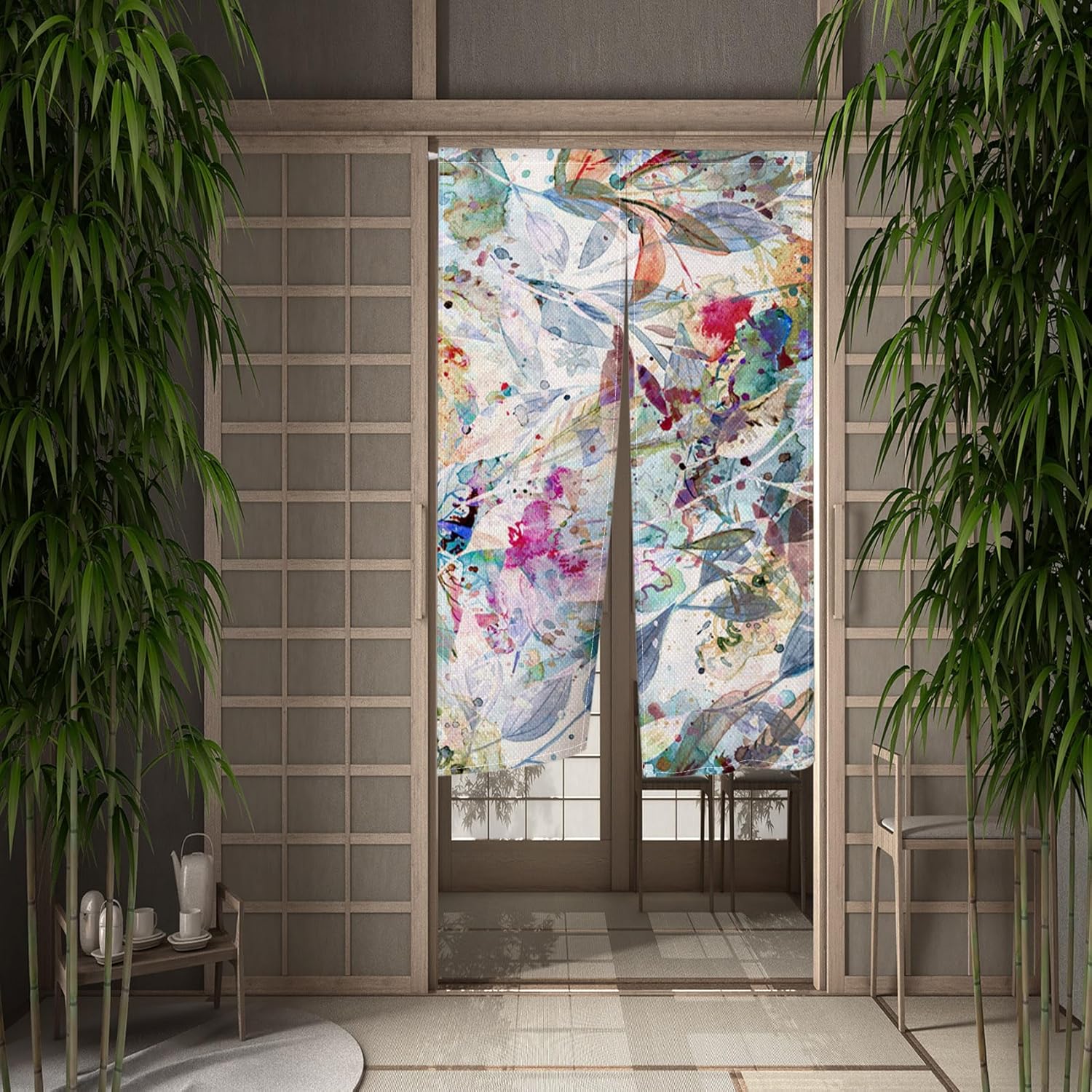 Japanese Style Abstract Flower Printed Door Curtain 335x59 Inch