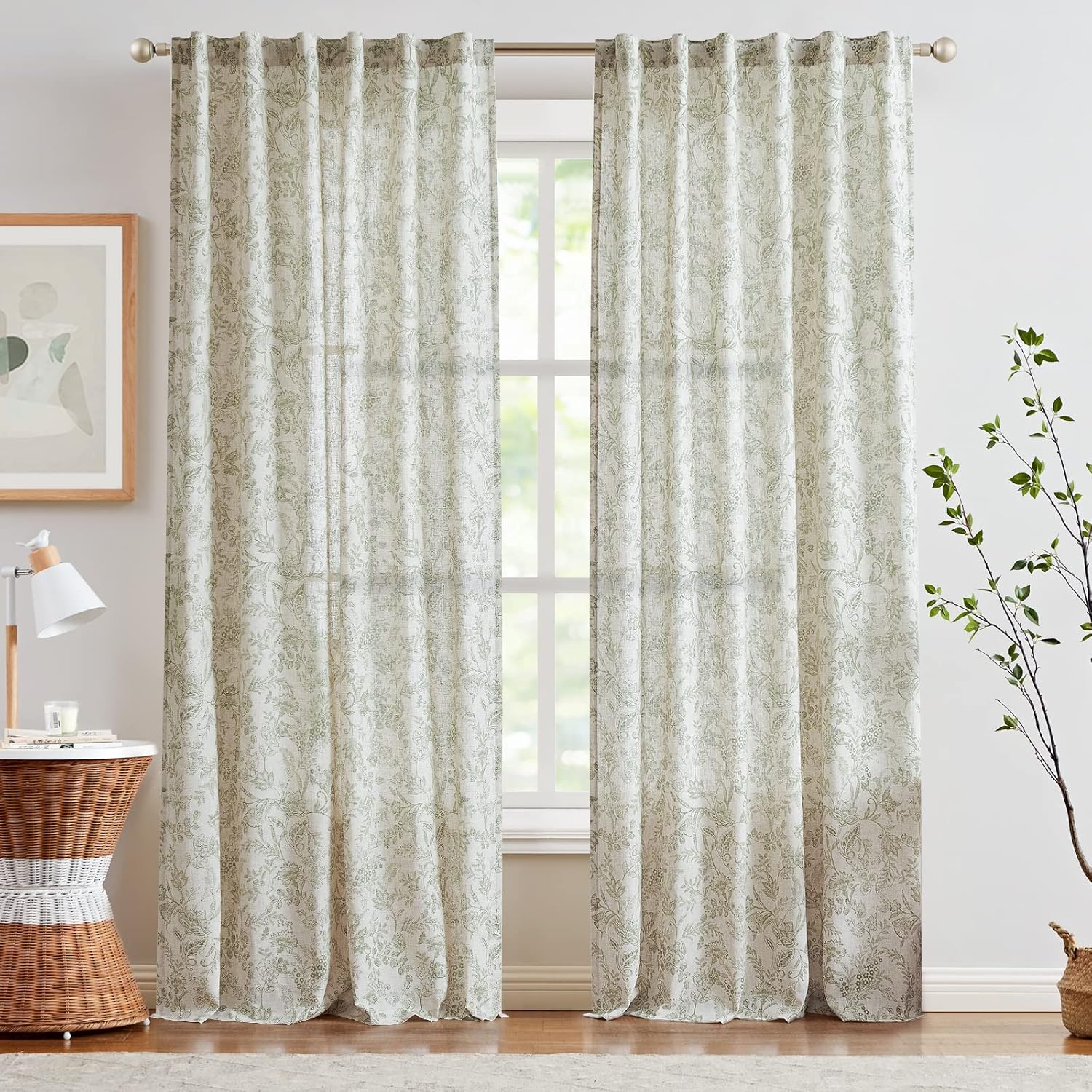 Lazzzy Linen Curtains Farmhouse Green Floral Print 2 Panels Set