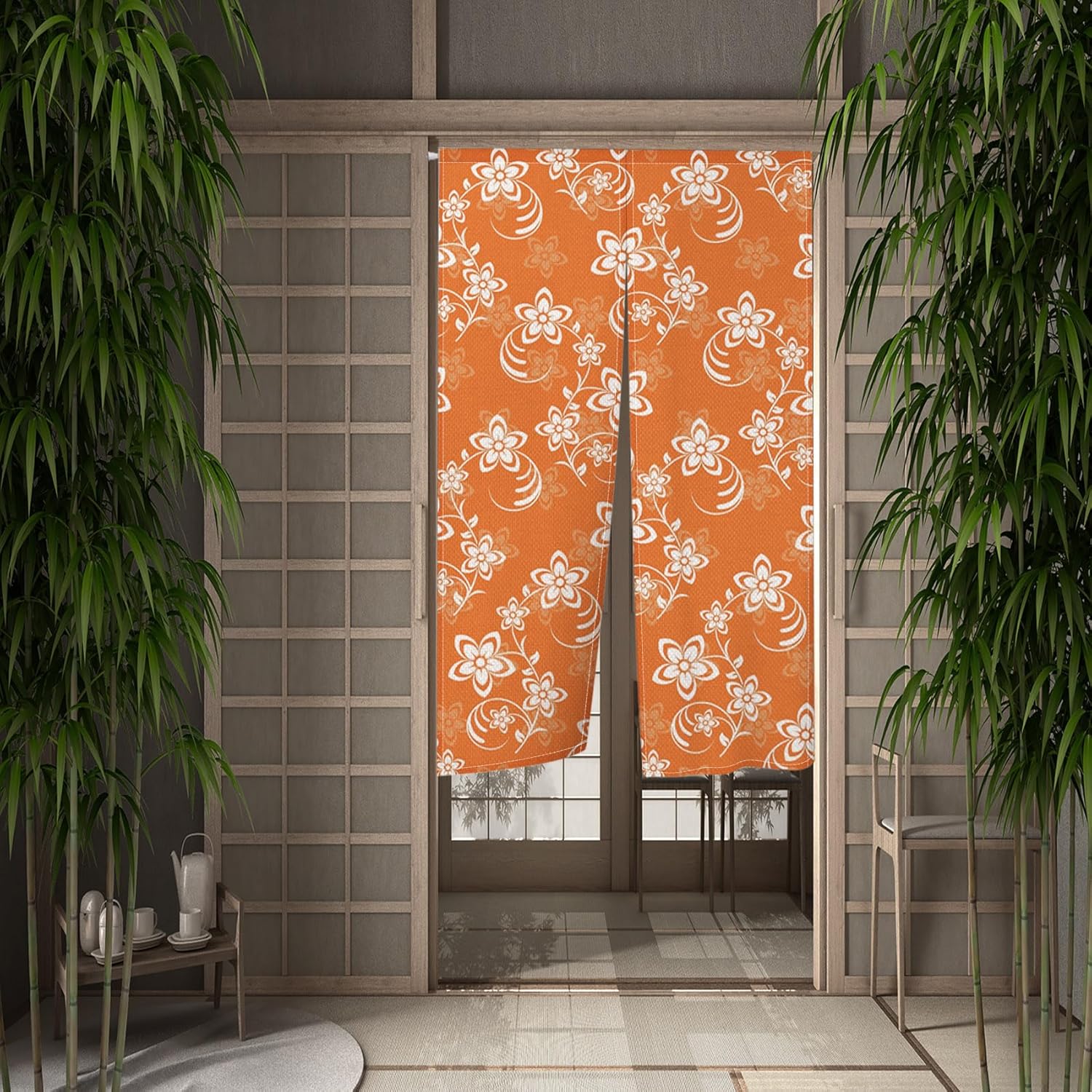 Long Japanese Noren Door Curtain with Bloomy Flower Design