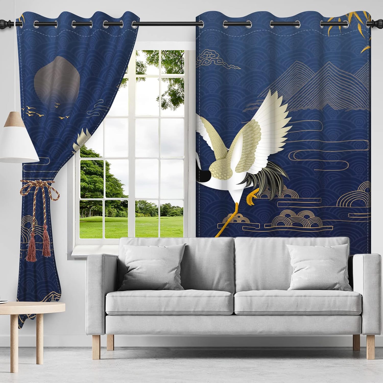 Japanese Style Window Curtains with Flying Crane Gold Pattern