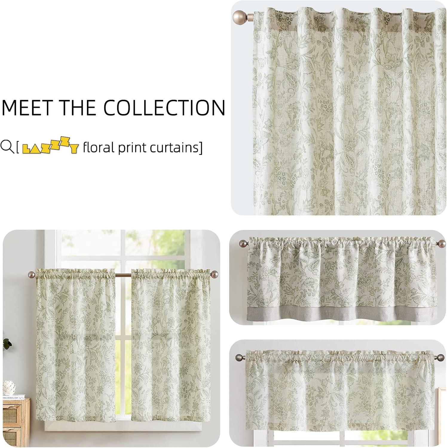 Lazzzy Linen Curtains Farmhouse Green Floral Print 2 Panels Set
