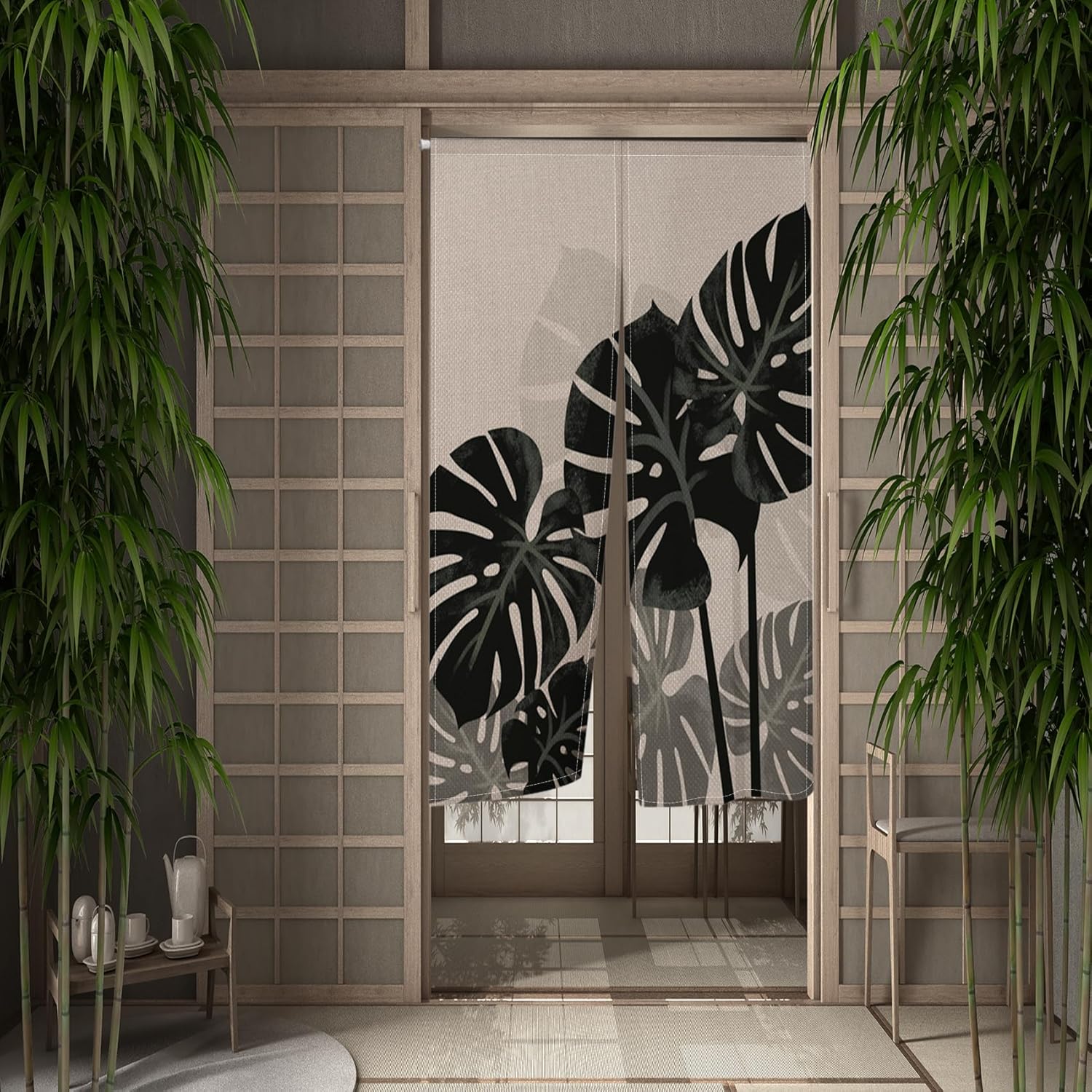 Leowefowa Japanese Noren Door Curtain with Tropical Leaves Design
