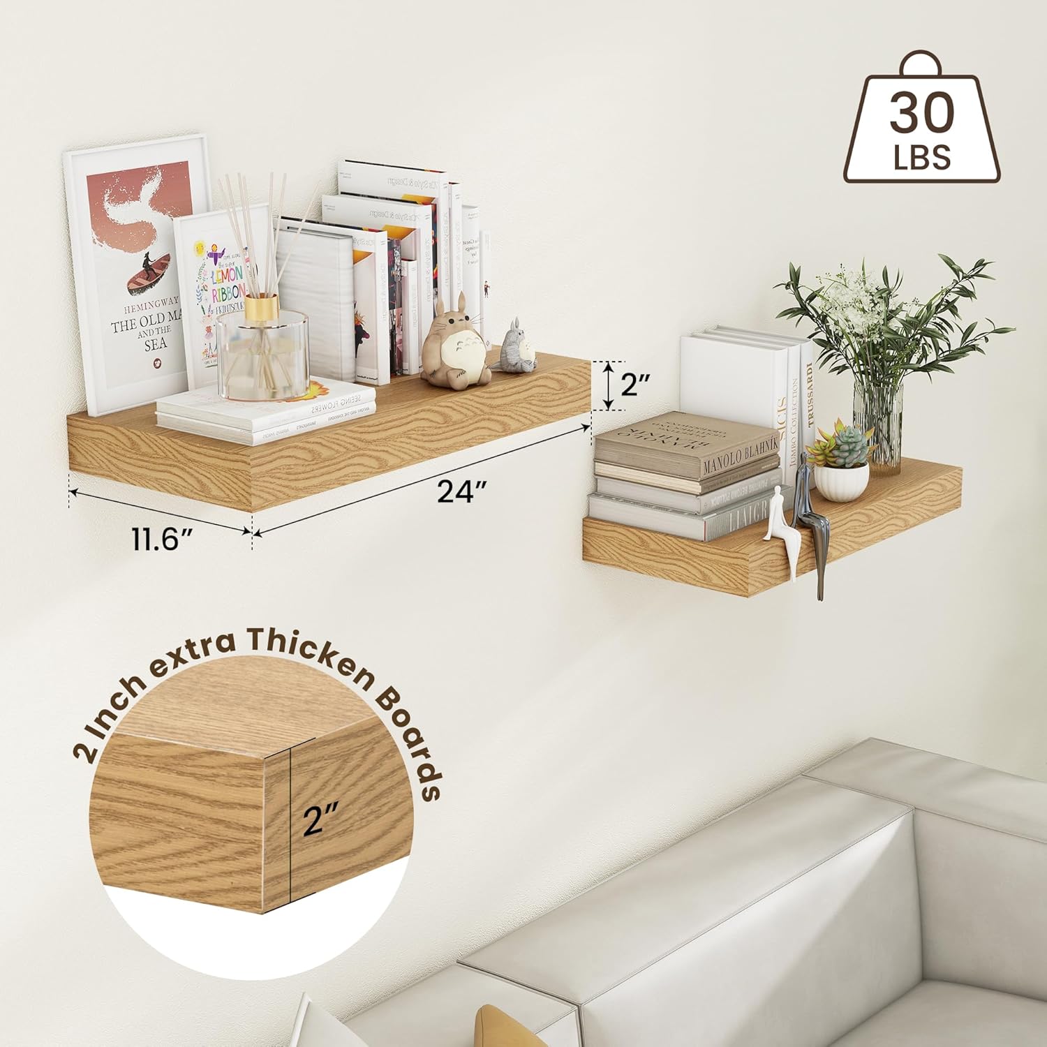 24 Inch Deep Rustic Floating Shelves Set of 2