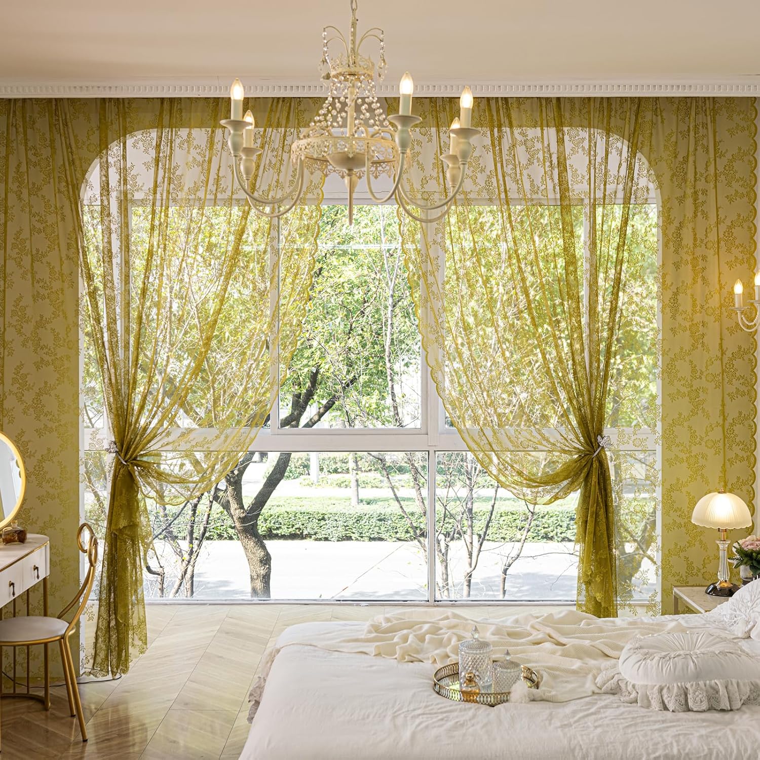 Deeprove Sage Green Sheer Lace Curtains 2 Panels Set 96 Inches Long