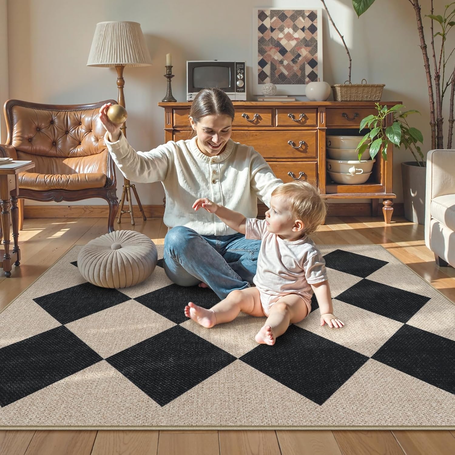 Collive Checkered Jute Entryway Rug 3x5 Non Slip