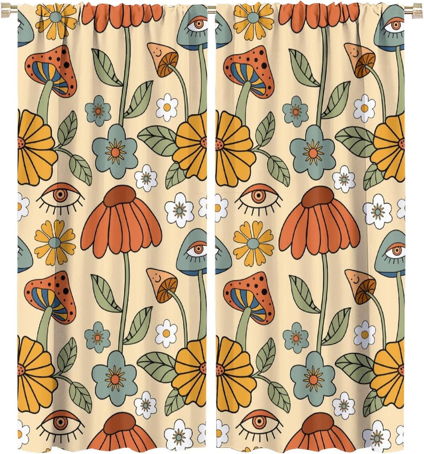 Retro Boho Floral Mushroom Curtains 52x84in Set