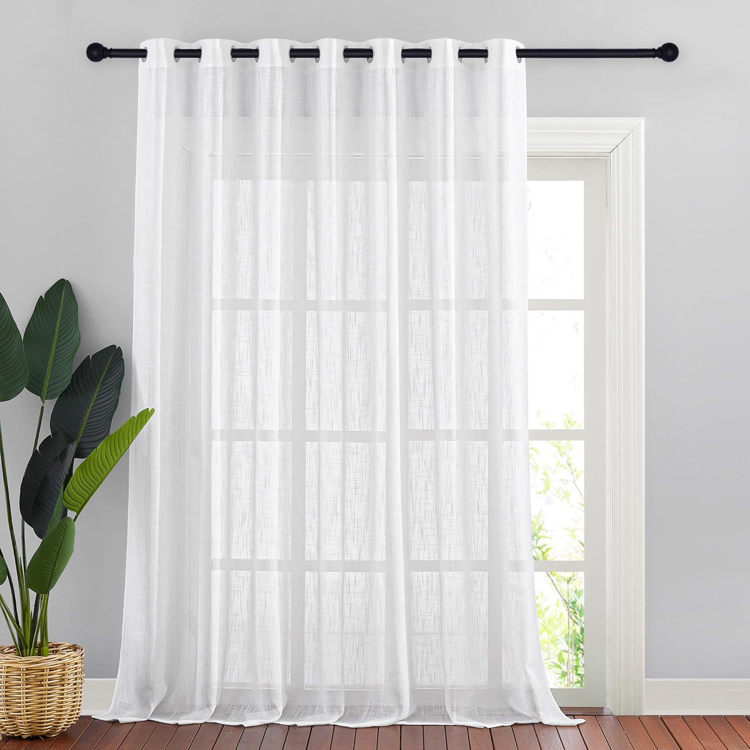NICETOWN Linen Look Sheer Curtains - White Grommet Top Sliding Door Panels