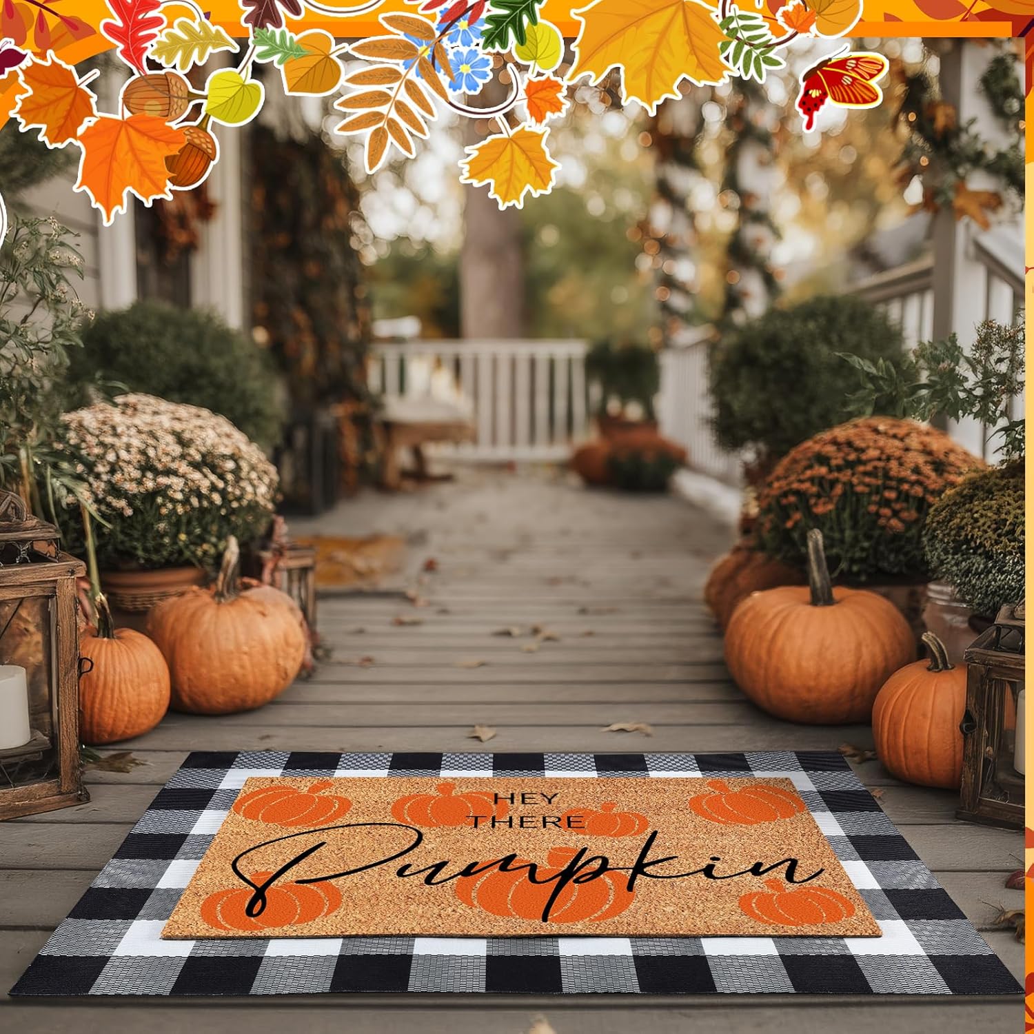 Duraaamo Fall Coir Doormat and Plaid Rug Set