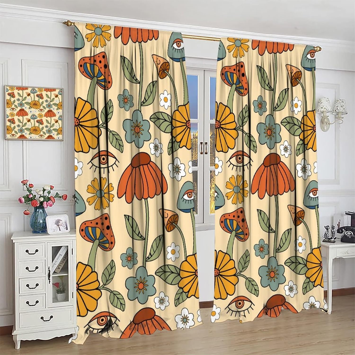 Retro Boho Floral Mushroom Curtains 52x84in Set