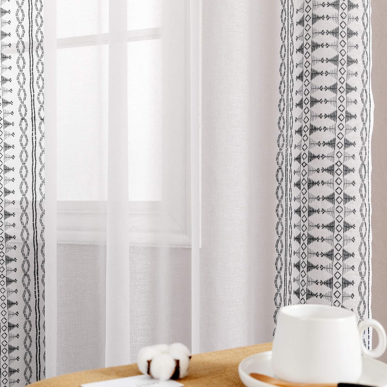 Lazzzy Sheer Curtains 84 Inch Bordered Boho Drapes Set