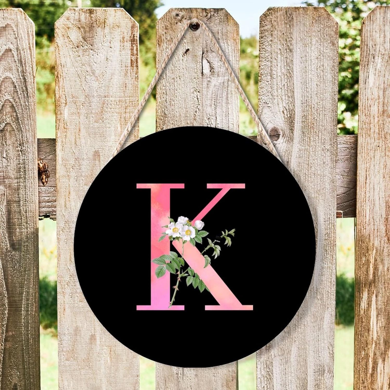 White Flower Pink Letter K Wood Door Hanger Personalized Monogram Round Wreath