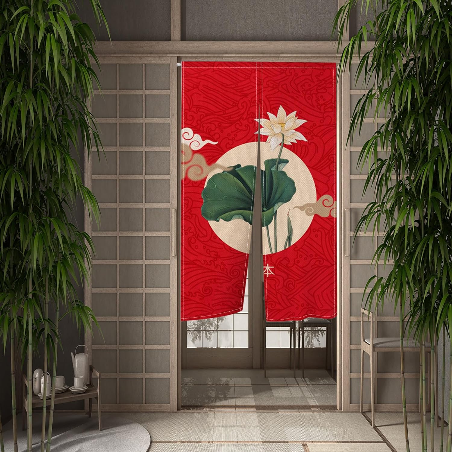 Japanese Style Lotus Flower Printed Noren Curtain 34x60 Red