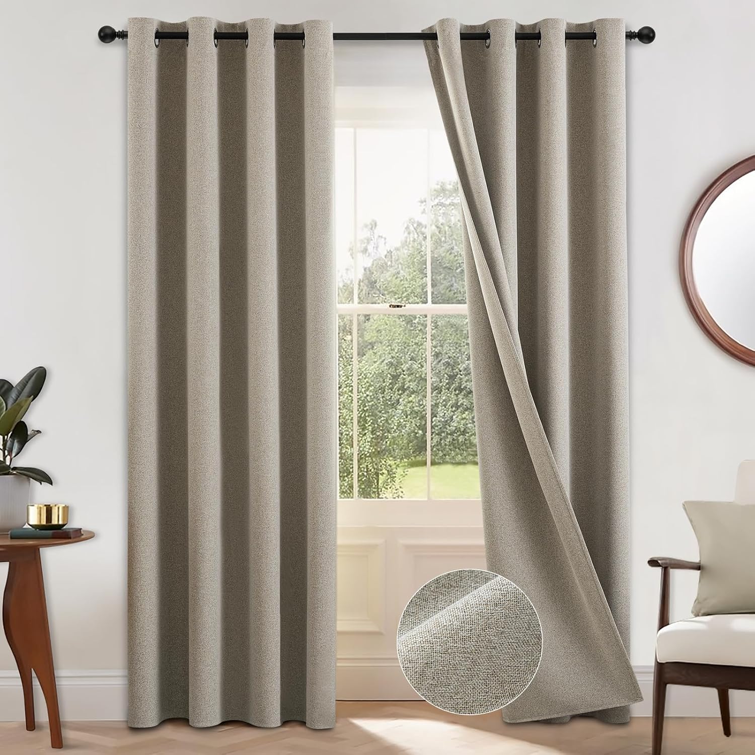 COSVIYA 100 Blackout Linen Curtains 2 Panels Set 90 Inch Length
