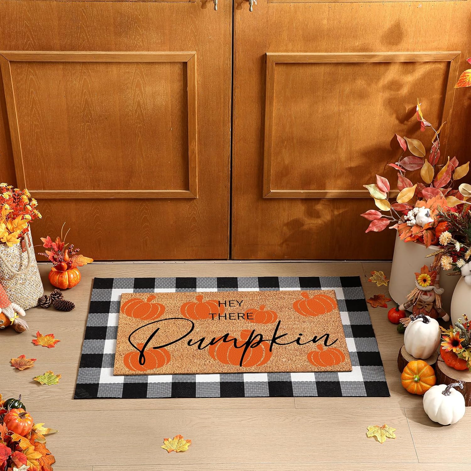 Duraaamo Fall Coir Doormat and Plaid Rug Set