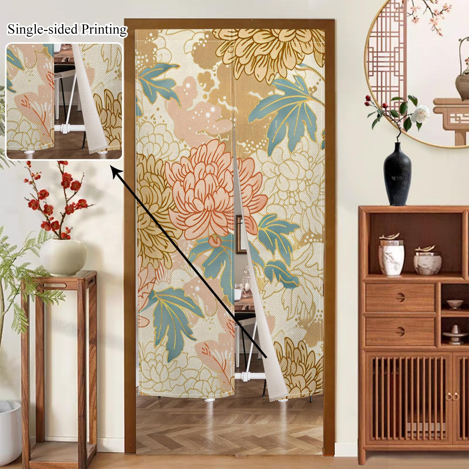 Boho Style Noren Doorway Curtain with Flowers Design