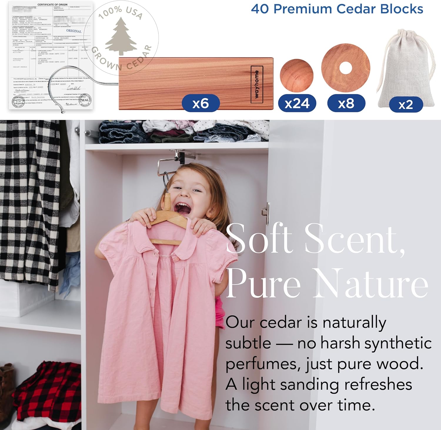 WAYHOME Cedar Blocks for Clothes Storage 40-Pack Natural Freshener