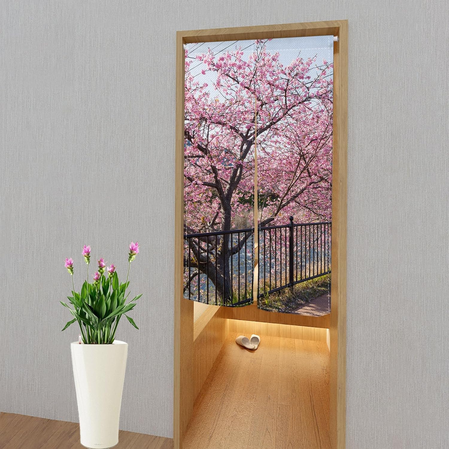Leowefowa Japanese Noren Door Curtain Spring Pink Cherry Blossom Panel