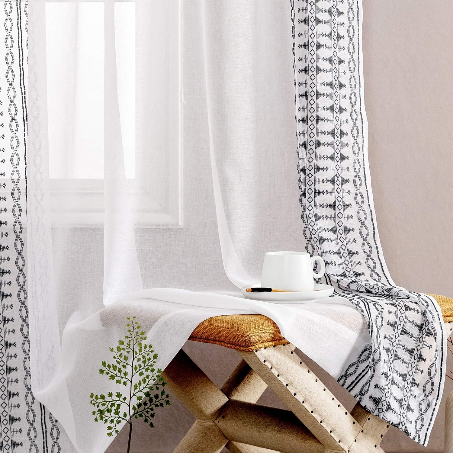 Lazzzy Sheer Curtains 84 Inch Bordered Boho Drapes Set