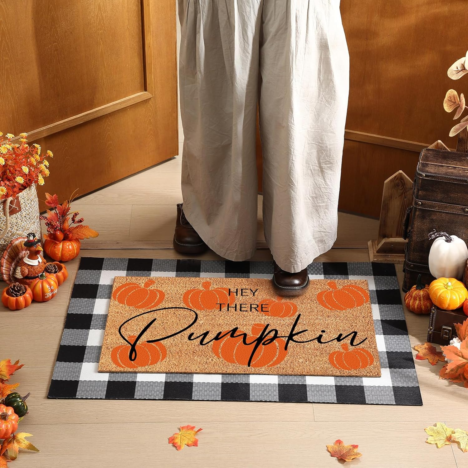 Duraaamo Fall Coir Doormat and Plaid Rug Set