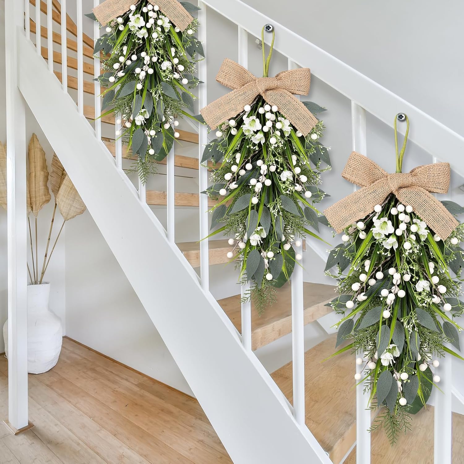 2 Pcs 24 Inch Artificial White Flower Teardrop Wreaths