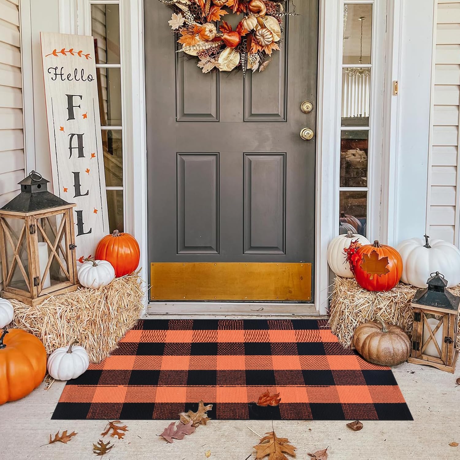 Fall Outdoor Orange Black Plaid Rug 28x43 Inches