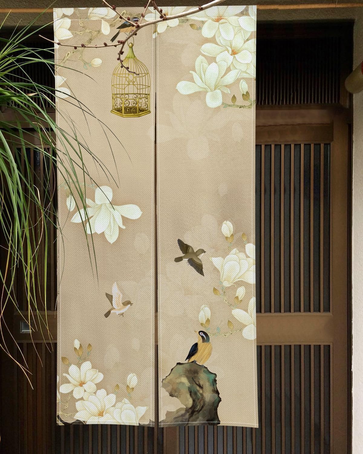 Japanese Noren Door Curtain with White Flowers and Birdcage Design