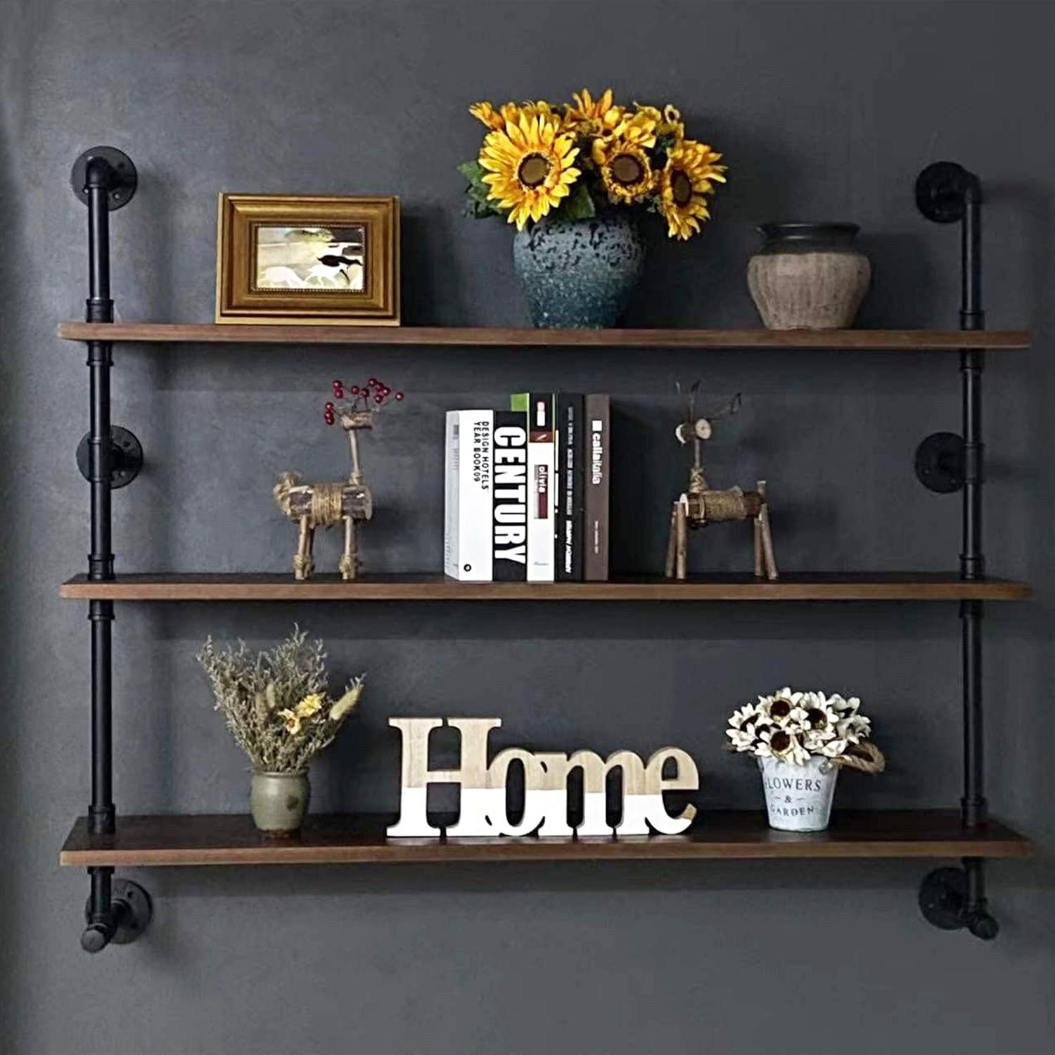 Rogmars 48 Inch 3 Tier Pipe Floating Shelf Dark Brown