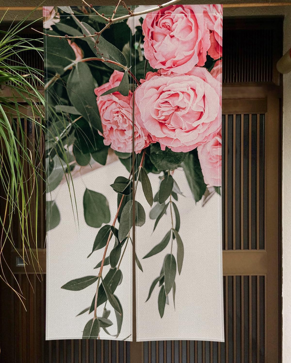Japanese Noren Door Curtain with Bloomy Rose Print