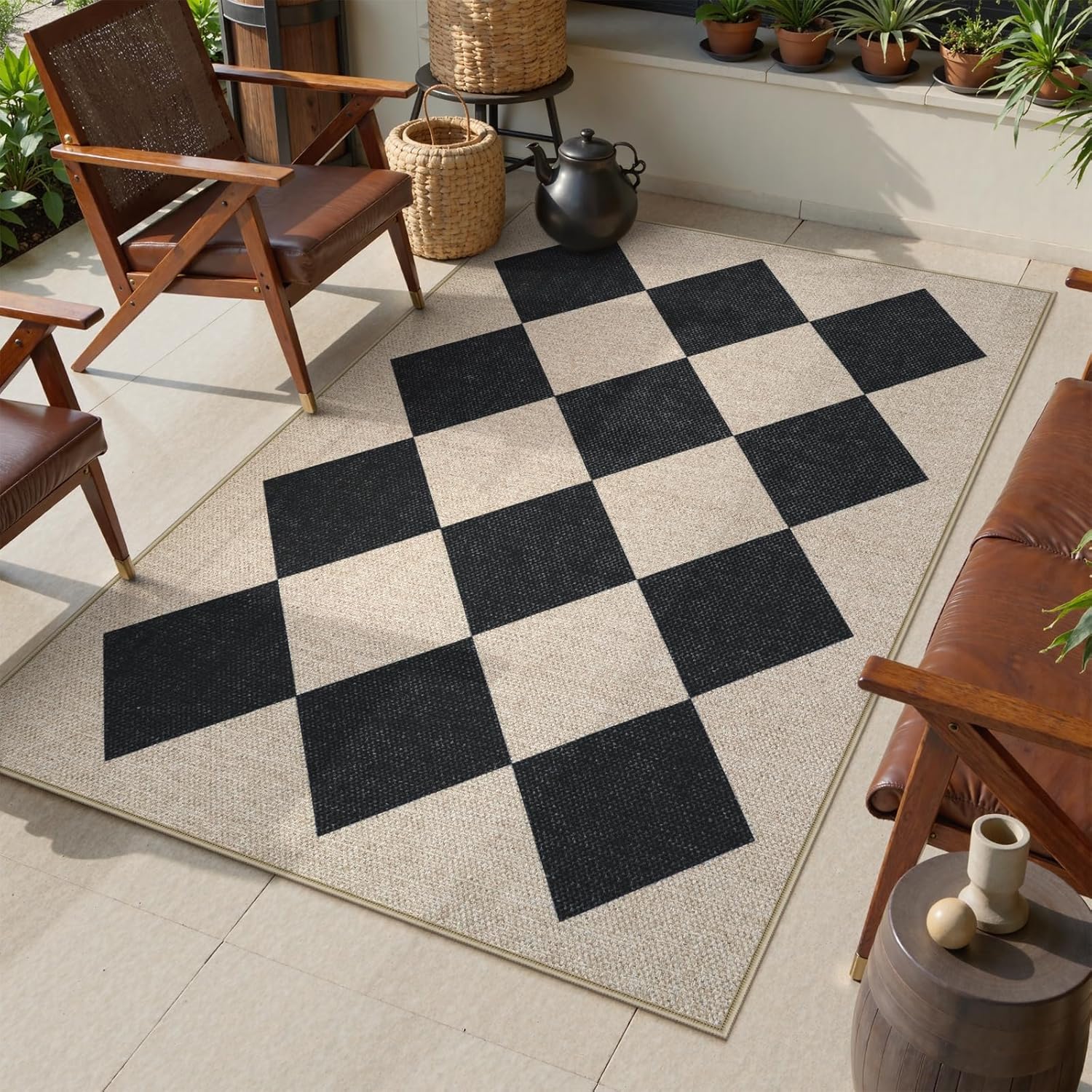 Collive Checkered Jute Entryway Rug 3x5 Non Slip