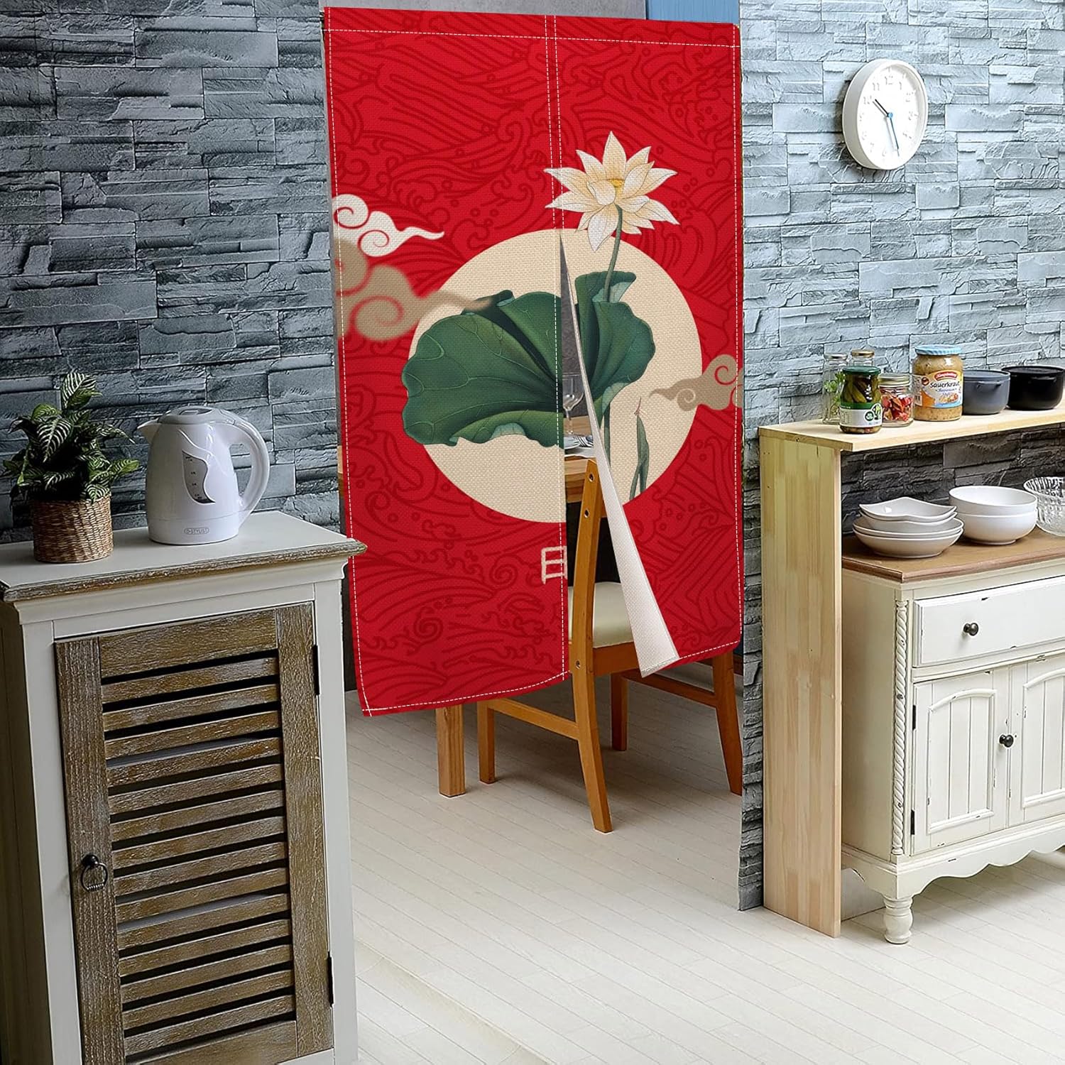 Japanese Style Lotus Flower Printed Noren Curtain 34x60 Red